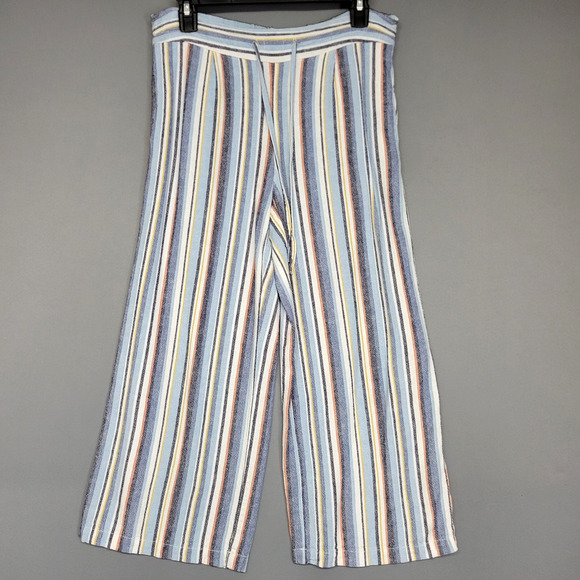 Per Se Pants Womens Medium Blue White Striped Linen Blend Wide Beachy Boho - Picture 1 of 11